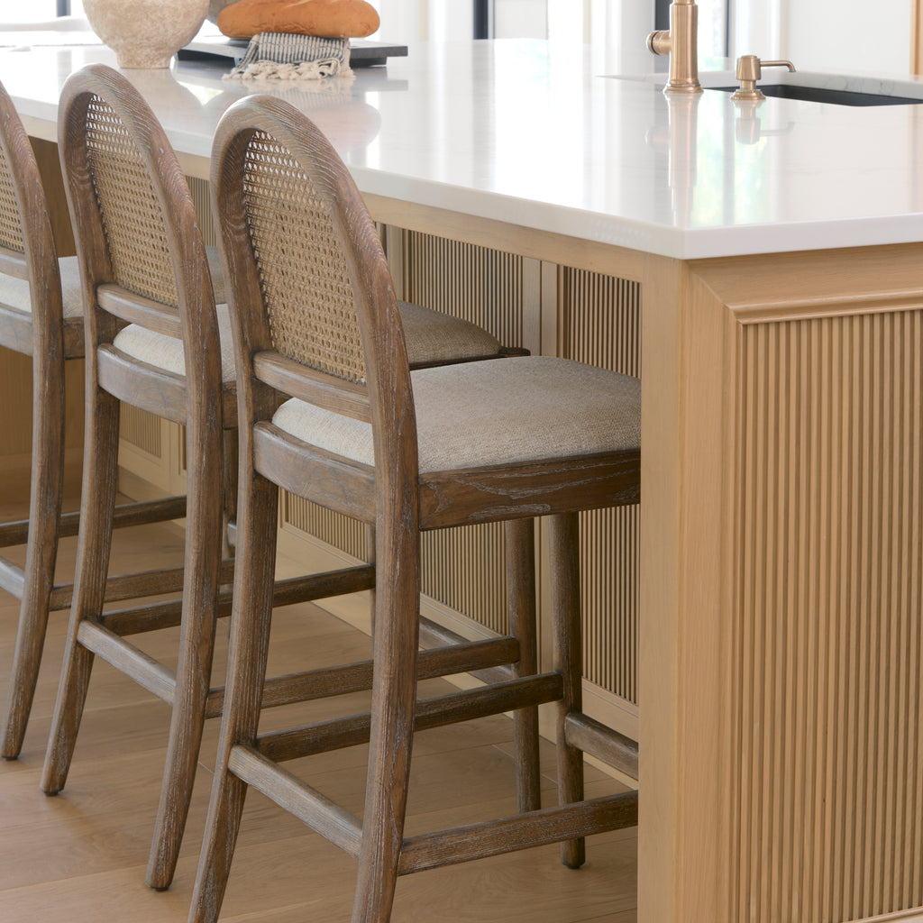 Elle Rounded Caneback Medium Brown Wood W/ Oatmeal Fabric Counter Stool - Light House Co.
