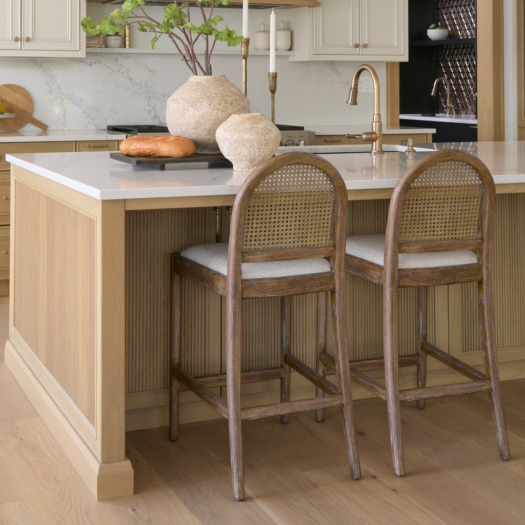 Elle Rounded Caneback Medium Brown Wood W/ Oatmeal Fabric Counter Stool - Light House Co.
