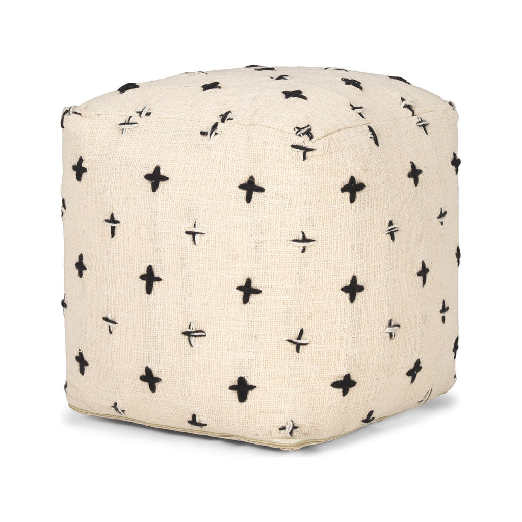Jeanna Wool w/ Cream and Black Stitched Cross Patterned Pouf - Light House Co.