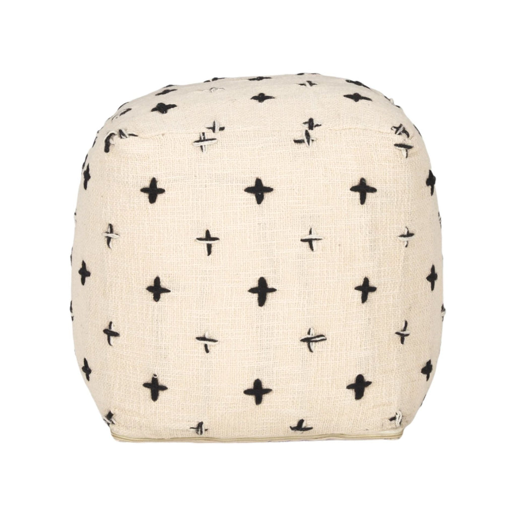 Jeanna Wool w/ Cream and Black Stitched Cross Patterned Pouf - Light House Co.