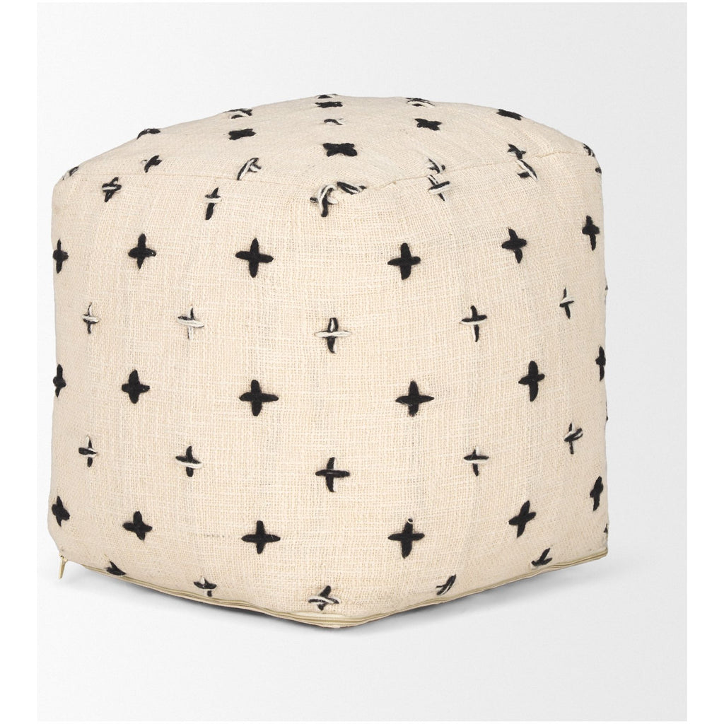 Jeanna Wool w/ Cream and Black Stitched Cross Patterned Pouf - Light House Co.