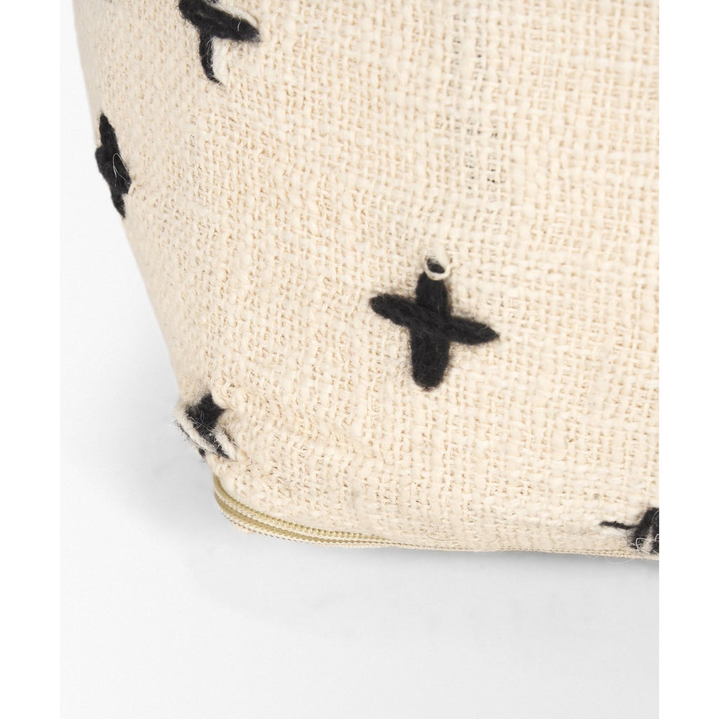 Jeanna Wool w/ Cream and Black Stitched Cross Patterned Pouf - Light House Co.