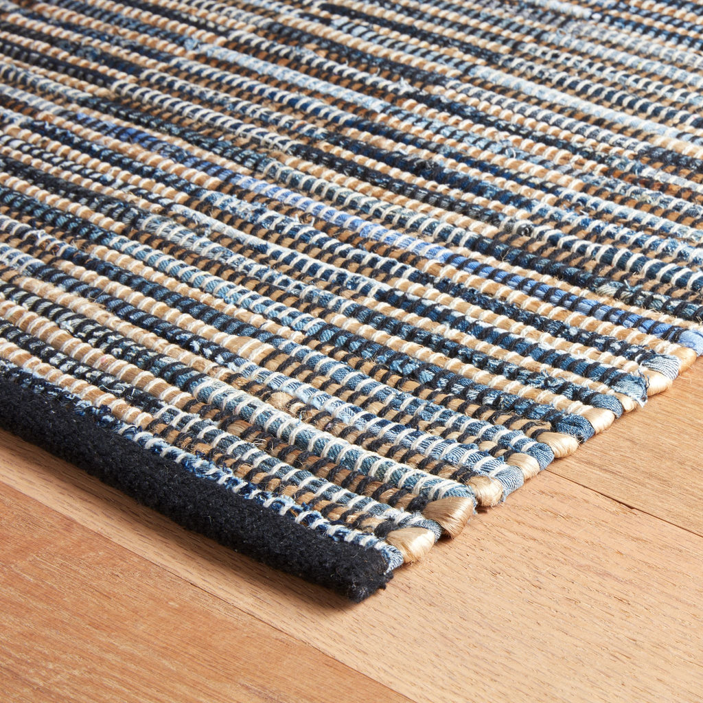 Denim Rag Gridwork Blue Handwoven Cotton Rug - Light House Co.