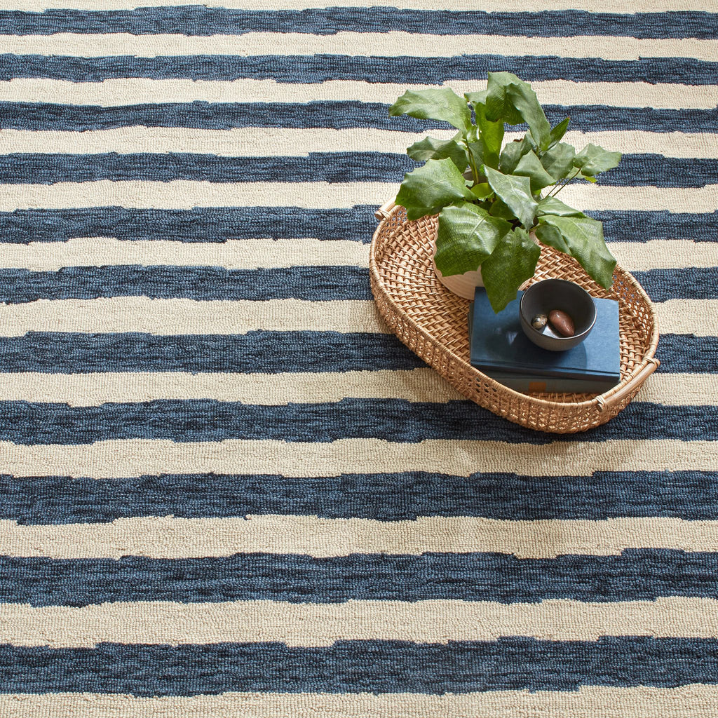 Silas Stripe Navy Hand Micro Hooked Wool Rug - Light House Co.